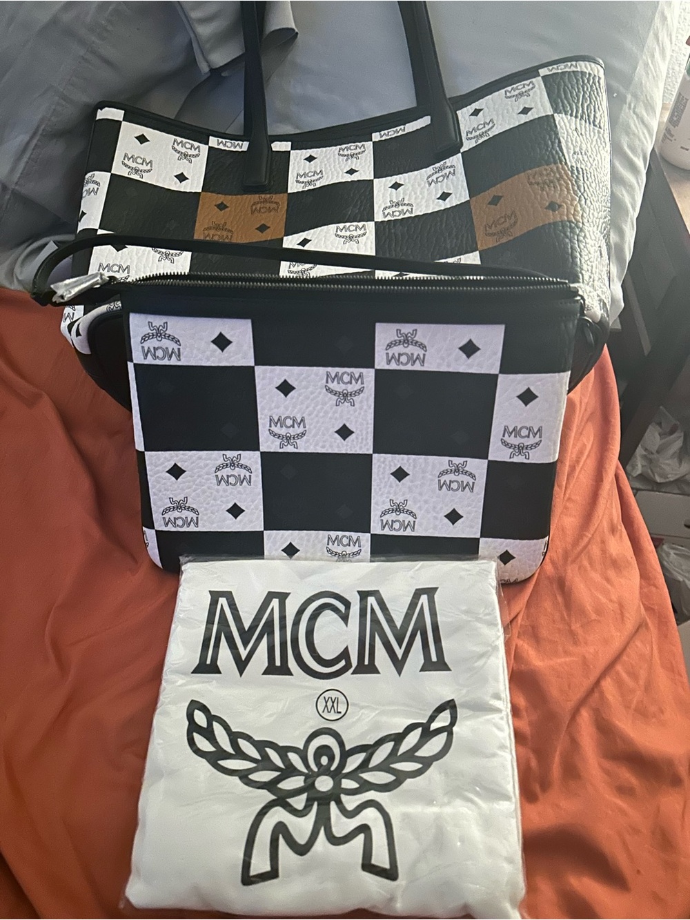 MCM Anniversary,Black, White & Brown Checkerboard Tote with Matching Pouch